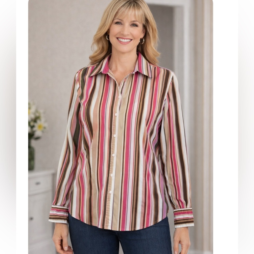 IZOD Pink Corduroy Button Down Tan Striped Long Sleeve Size PL Shirt